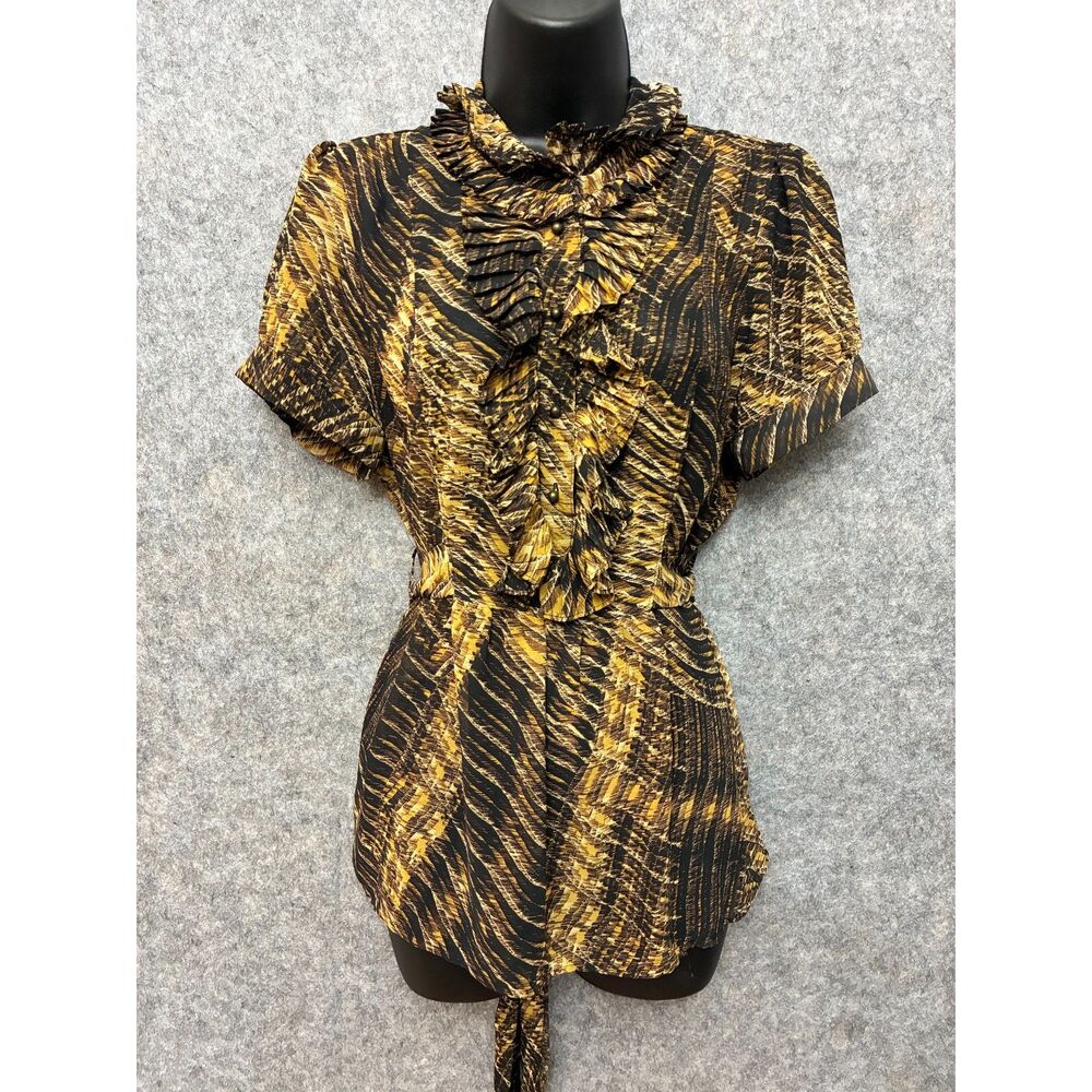 Whimsigoth Animal Print Ruffle Semi Sheer Blouse Size S Retro Victorian Vamp
